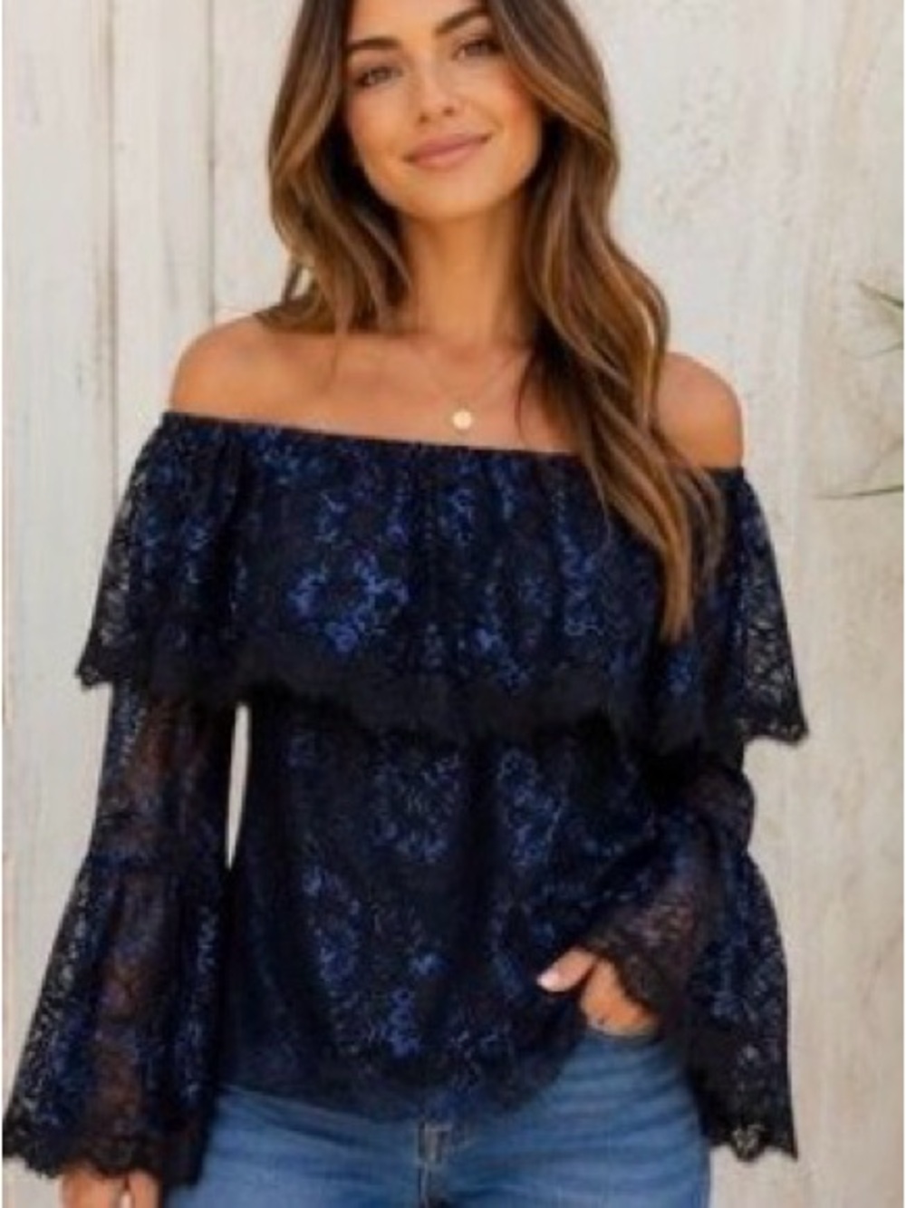 White House Black Market Navy Black Floral Lace Off Shoulder Ruffle Top Sz 8